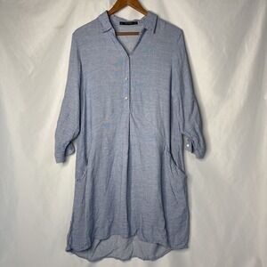 Zara Basics Women's L Chambray Roll up 3/4 Sleeves Tunic Blue Shirt Dress